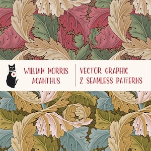 May include: A seamless pattern featuring a repeating design of stylized leaves in shades of green, brown, pink, and blue. The pattern is labeled "William Morris Acanthus" and "Vector Graphic 2 Seamless Patterns".