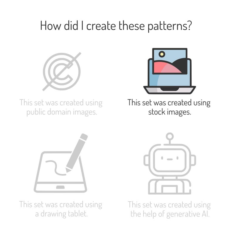 May include: Four illustrations showing different ways to create patterns. The first shows a crossed-out copyright symbol, representing public domain images. The second shows a laptop with a picture on the screen, representing stock images. The third shows a drawing tablet with a stylus, representing drawing tablets. The fourth shows a robot, representing generative AI.
