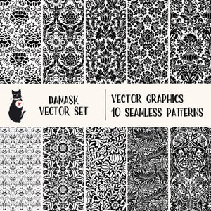 Puede incluir: Un conjunto de 10 patrones damasco en blanco y negro. Los patrones son sin costuras y se pueden utilizar para una variedad de proyectos, como telas, papel tapiz y papel de envolver. El texto "Damask Vector Set" y "Vector Graphics 10 Seamless Patterns" está incluido en la imagen.