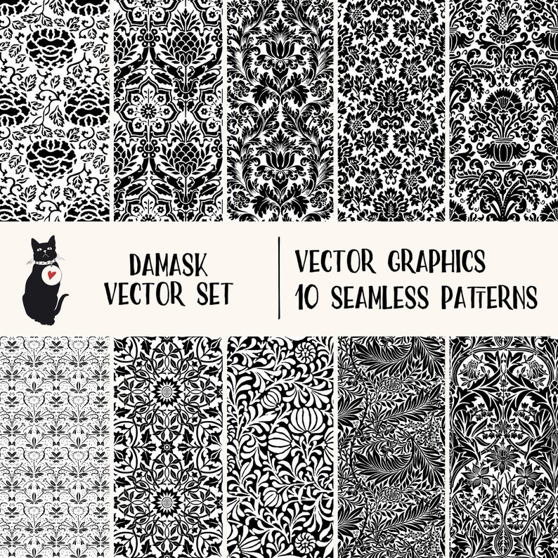 Damask Vector Set 10 seamless patterns for instant download, scrapbooking supply, printable image 1