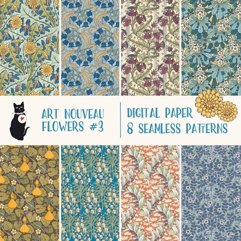 Art Nouveau Flowers - Set #3 - Seamless Patterns, Instant Download ...