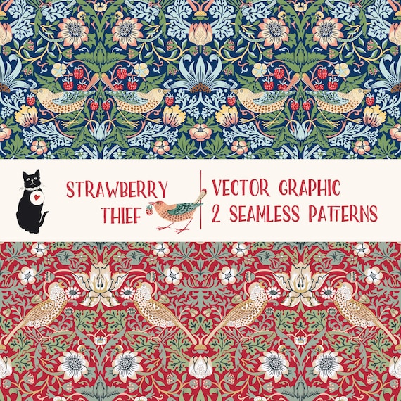 Strawberry Thief by William Morris - Vector Graphic EPS + SVG + AI, seamless pattern tile for instant download, vintage