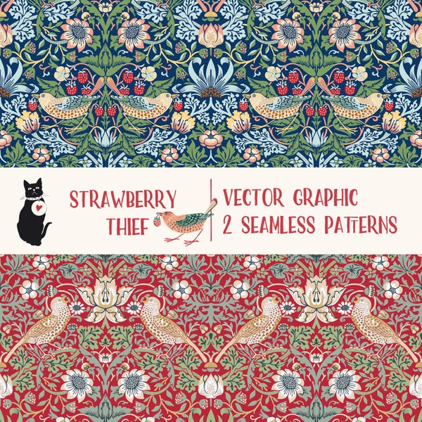 Strawberry Thief by William Morris - Vector Graphic EPS + SVG + AI, seamless pattern tile for instant download, vintage