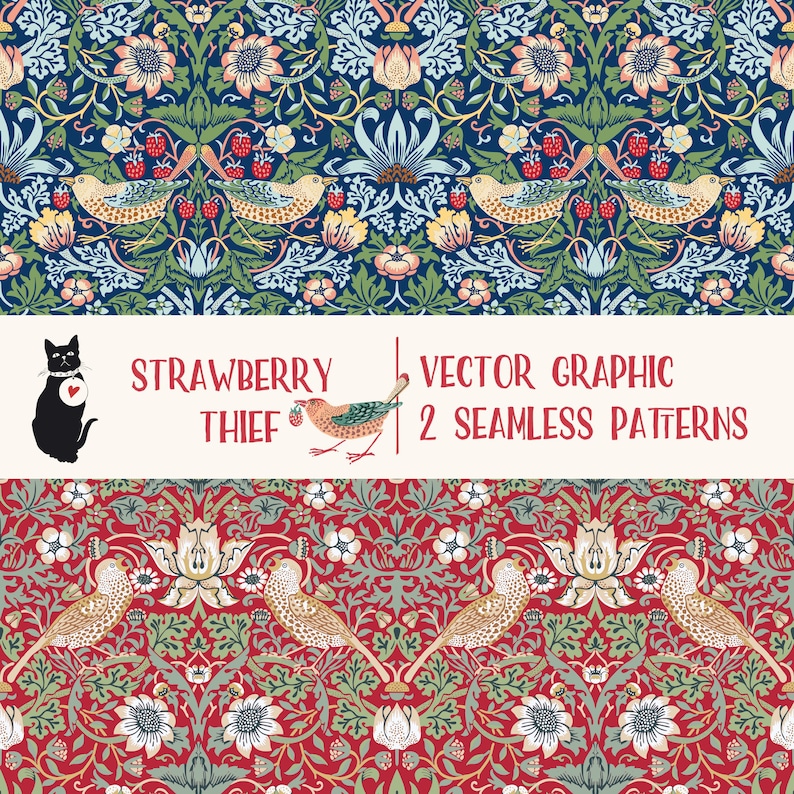 May include: Two seamless patterns featuring a stylized floral design with birds and strawberries. The top pattern has a blue background and the bottom pattern has a red background. The text "Strawberry Thief" and "Vector Graphic 2 Seamless Patterns" is included in the image.