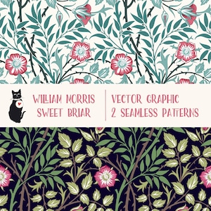 May include: Two seamless patterns featuring a repeating design of pink roses and green leaves on a white background and a black background. The text "William Morris Sweet Briar" and "Vector Graphic 2 Seamless Patterns" is included in the image.