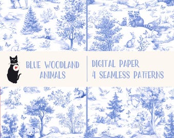 Blue Woodland Animals Nursery Print Digital Scrapbooking Supply Chinoiserie Blue Toile de Jouy Watercolor Seamless Pattern Cute Baby Animals