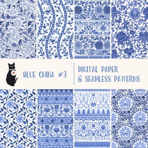 Blue China Set 3 - Modello senza cuciture, carta digitale scaricabile all'istante, vintage, materiale per scrapbooking, sfondo, stampabile