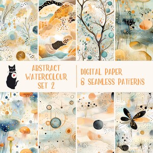 May include: Set of 8 digital paper patterns featuring abstract watercolor designs in shades of blue, yellow, and brown. The patterns include circles, dots, and organic shapes.