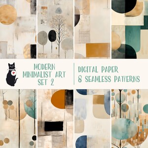 May include: Set of 8 digital paper patterns featuring abstract geometric shapes in muted tones of brown, beige, blue, and green. The patterns are seamless and can be used for a variety of projects, such as scrapbooking, card making, and digital design.