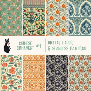 Chinesisches Ornament Set 1 - Sofortiger Download, digitales Papier, Vintage Muster zum ausdrucken für Scrapbooking
