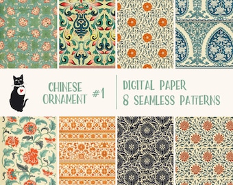 Chinese Ornament Set 1 - Instant download digital paper, vintage seamless pattern, printable scrapbooking supply, commercial use