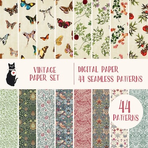 May include: A set of 44 digital paper patterns featuring vintage floral and butterfly designs. The patterns are seamless and can be used for a variety of crafting projects.