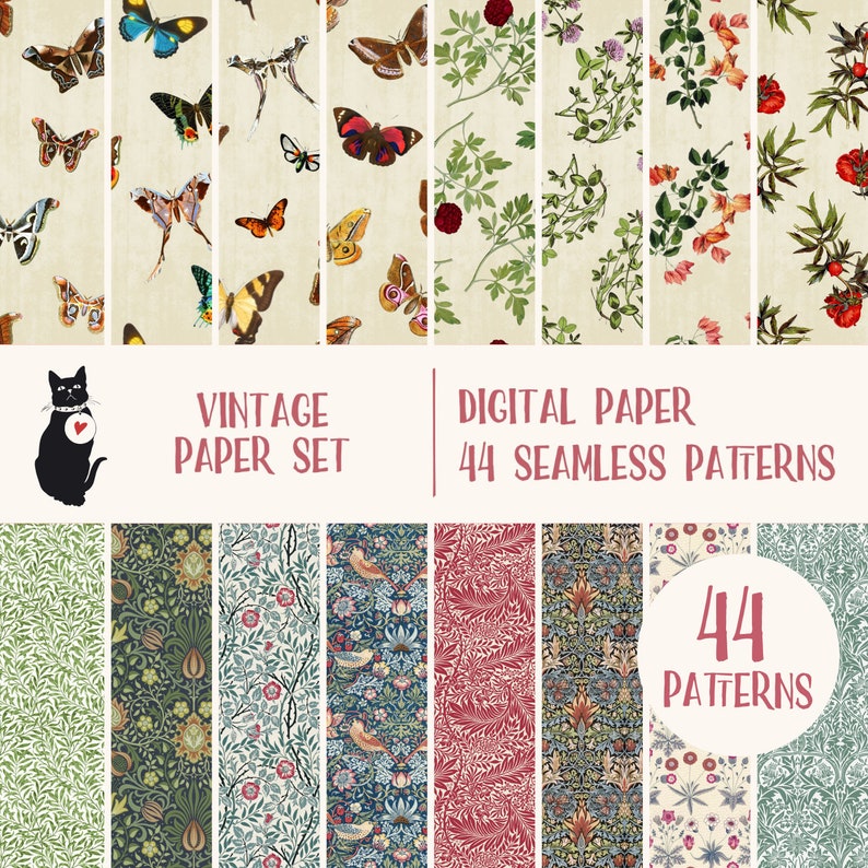 May include: A set of 44 digital paper patterns featuring vintage floral and butterfly designs. The patterns are seamless and can be used for a variety of crafting projects.