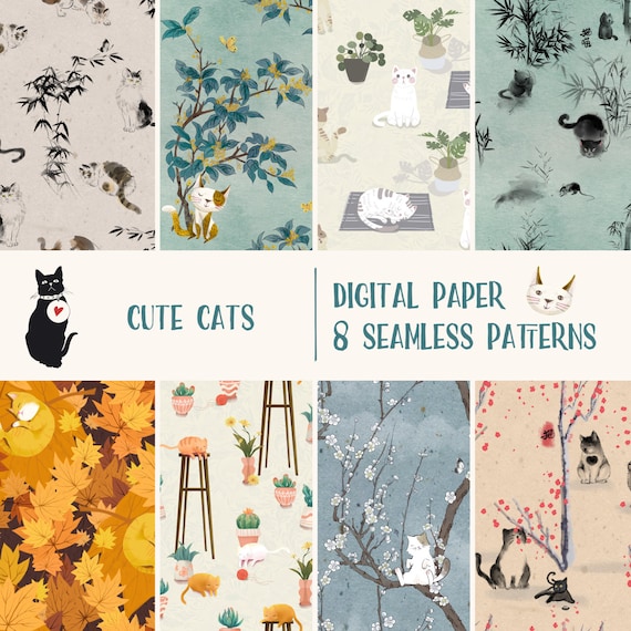 Cute Cats digital paper, seamless pattern, instant download, scrapbook paper, printable paper, Chinese artwork, printable, personal use only