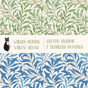 Rama de sauce de William Morris - Gráfico vectorial EPS, SVG + AI, mosaico vintage sin costuras para descarga instantánea, rama de sauce azul y verde