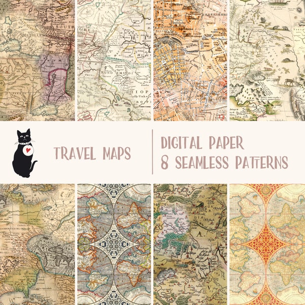 Travel Maps - Instant download digital paper, seamless patterns, scrapbooking supply, printable