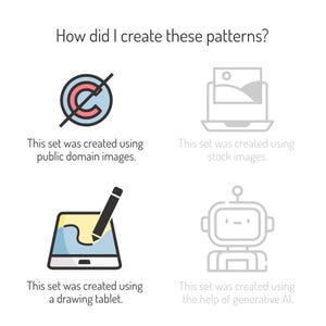 May include: Four illustrations showing different ways to create patterns. The first shows a copyright symbol with a diagonal line through it, representing public domain images. The second shows a laptop with a picture on the screen, representing stock images. The third shows a tablet with a pencil drawing on the screen, representing a drawing tablet. The fourth shows a robot, representing generative AI.