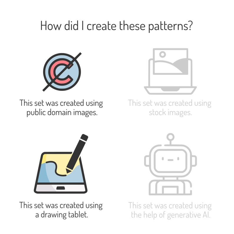 May include: Four illustrations showing different ways to create patterns. The first shows a copyright symbol with a diagonal line through it, representing public domain images. The second shows a laptop with a picture on the screen, representing stock images. The third shows a tablet with a pencil drawing on the screen, representing a drawing tablet. The fourth shows a robot, representing generative AI.