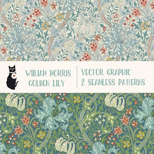 Golden Lily por William Morris - Gráfico vetorial EPS + SVG + AI, mosaico de padrão contínuo para download instantâneo, vintage