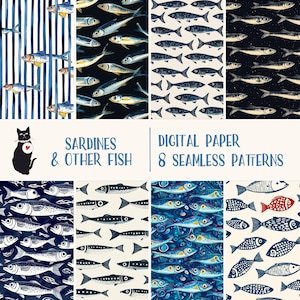 Sardines et autres poissons - 8 modèles sans couture, papier numérique à téléchargement immédiat, dessins nautiques, fournitures de scrapbooking sardines
