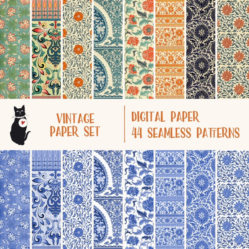 May include: A set of 44 digital paper patterns featuring vintage floral designs in blue and white, and red, orange, and green. The patterns are seamless and can be used for a variety of crafting projects.