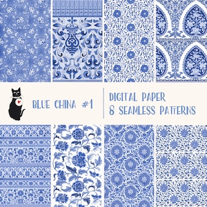 Blauwe porseleinen set 1: naadloos patroon, digitaal papier direct downloaden, vintage afdrukbaar scrapbooking aanbod