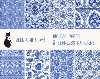 Blue China Set 1 - Seamless pattern, instant download digital paper, vintage printable scrapbooking supply