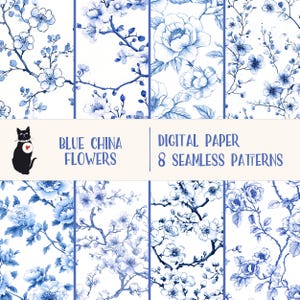 Blue China Flowers - Chinoiserie Seamless Patterns, Floral Toile de Jouy, Blue Watercolour Paper, Digital Paper for Scrapbooking