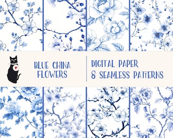 Flores de porcelana azul - Patrones sin costuras de estilo chinoiserie, Toile de Jouy floral, papel de acuarela azul, papel digital para scrapbooking