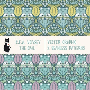 Könnte beinhalten: Zwei nahtlose Muster mit einem sich wiederholenden Design von Eulen in einem stilisierten Blumenmuster. Die Muster sind in Grün-, Blau- und Lilatönen gehalten. Der Text "C.F.A. VOYSEY THE OWL" und "VECTOR GRAPHIC 2 SEAMLESS PATTERNS" ist im Bild enthalten.