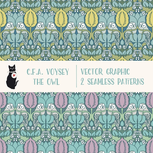 The Owl by C.F.A. Voysey - Vector Graphic EPS + SVG + AI, seamless pattern tile for instant download, vintage, commercial use