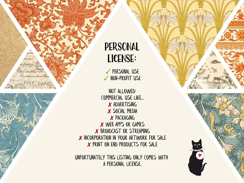 May include: A white background with a black cat illustration and text that reads "PERSONAL LICENSE: ✓ PERSONAL USE ✓ NON-PROFIT USE NOT ALLOWED: COMMERCIAL USE LIKE... X ADVERTISING X SOCIAL MEDIA X PACKAGING X WEB APPS OR GAMES X BROADCAST OR STREAMING X INCORPORATION IN YOUR ARTWORK FOR SALE X PRINT ON END PRODUCTS FOR SALE UNFORTUNATELY THIS LISTING ONLY COMES WITH A PERSONAL LICENSE."