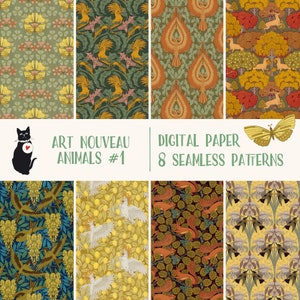 May include: Eight seamless digital paper patterns in an Art Nouveau style featuring animals. The patterns include a black cat, a bird, a butterfly, a cockatoo, a squirrel, and a deer. The patterns are in a variety of colors, including green, yellow, orange, red, and blue.