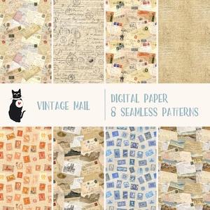 Vintage post: naadloos patroon met oude ansichtkaarten en handgeschreven brieven, digitaal papier direct te downloaden, afdrukbaar scrapbookingmateriaal