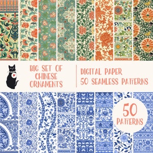 Ornamento cinese 50 modelli, pacchetto di modelli senza soluzione di continuità, pacchetto di carta digitale con download immediato, fornitura per scrapbooking vintage