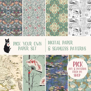 May include: A collage of eight different digital paper patterns. The patterns include floral designs, geometric shapes, vintage maps, and water lily paintings. The text "Pick Your Own Paper Set" and "Digital Paper 8 Seamless Patterns" is displayed on the image.