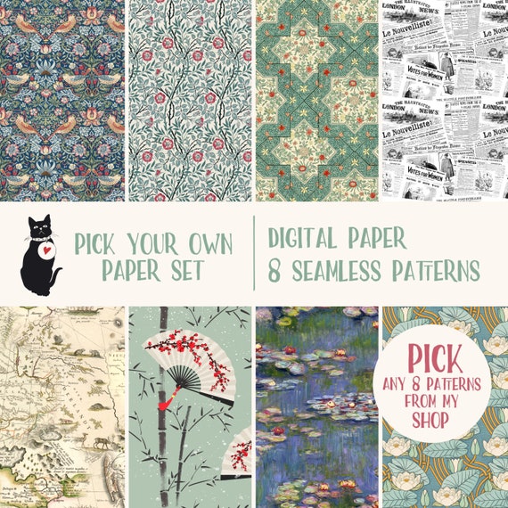 Pick Your Own Paper Set - Digital paper, vintage seamless patterns, scrapbooking supply, printable