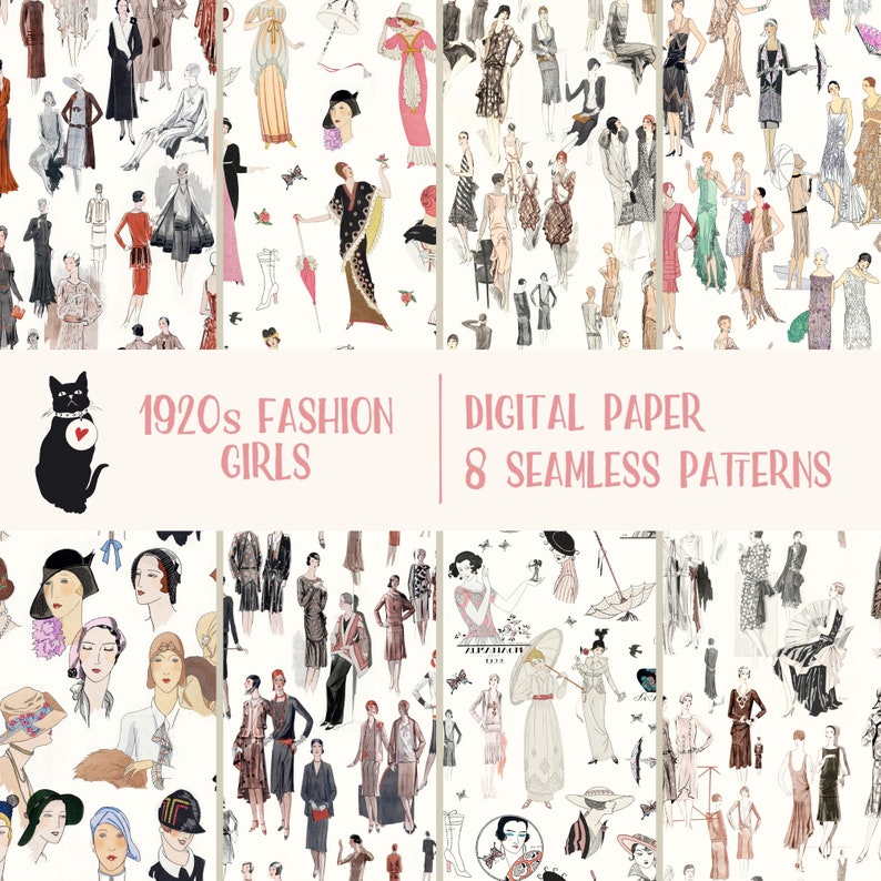 Op de afbeelding: Acht naadloze digitale papierpatronen met illustraties van vrouwen in de mode van de jaren 1920. De patronen zijn in zwart, wit en tinten roze, groen en blauw.