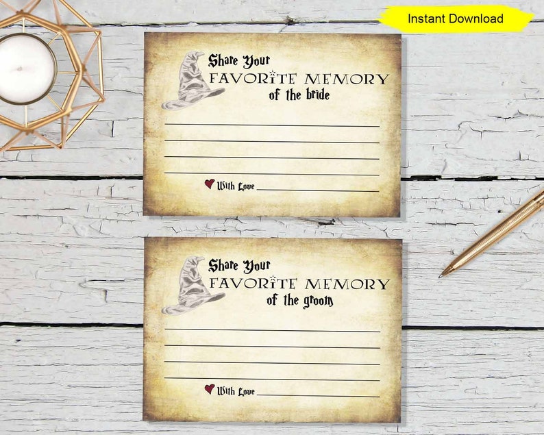 Peut inclure: Deux cartes imprimables &agrave; l'esth&eacute;tique vintage repr&eacute;sentant un chapeau de sorcier et le texte "Partagez votre MEILLEUR SOUVENIR de la mari&eacute;e" et "Partagez votre MEILLEUR SOUVENIR du mari&eacute;".