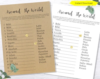 Gioco Baby Around The World - DOWNLOAD IMMEDIATO - gioco digitale stampabile per baby shower, semplice ed elegante, stile boho-chic, ambientazione boschiva, carta kraft, baby shower