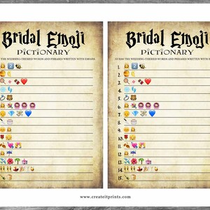 May include: Two identical Bridal Emoji Pictionary game sheets with a vintage parchment paper background. The game challenges players to guess wedding-themed words and phrases written with emojis. The text "Bridal Emoji Pictionary" is at the top.