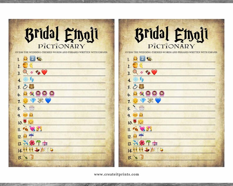 May include: Two identical Bridal Emoji Pictionary game sheets with a vintage parchment paper background. The game challenges players to guess wedding-themed words and phrases written with emojis. The text "Bridal Emoji Pictionary" is at the top.