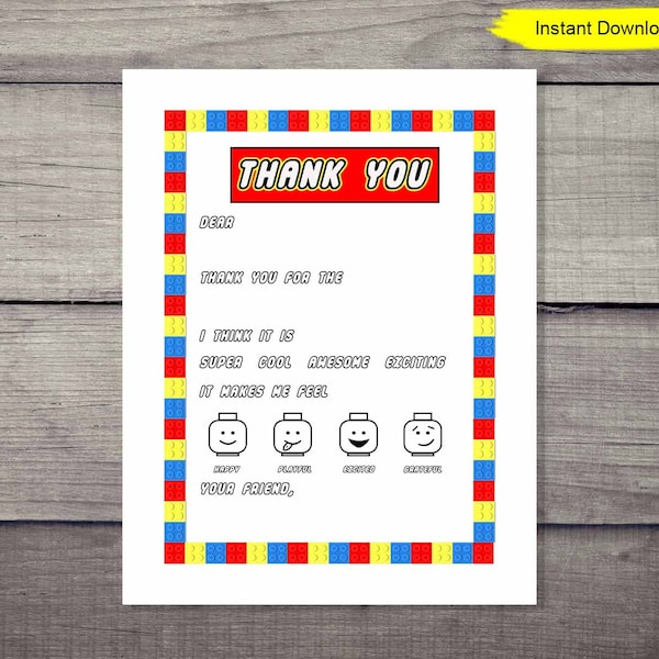 Bricks Fill In the Blank Thank You Note Card - INSTANT DOWNLOAD - digital print, birthday, printable