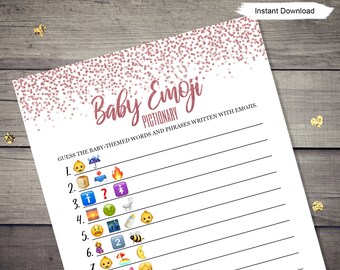 Rose Gold Baby Shower Baby Emoji Pictionary Game - INSTANT DOWNLOAD - baby shower party printable digital pink glitter confetti girl
