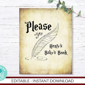 Por favor, firme el libro del bebé - Editable - DESCARGA INSTANTÁNEA - imprimible digital baby shower gótico antiguo mago corjl cerámica Halloween