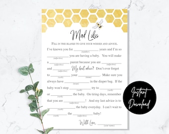 Bee Baby Madlibs Game - INSTANT DOWNLOAD - baby shower printable digital mama to bee yellow honeycomb