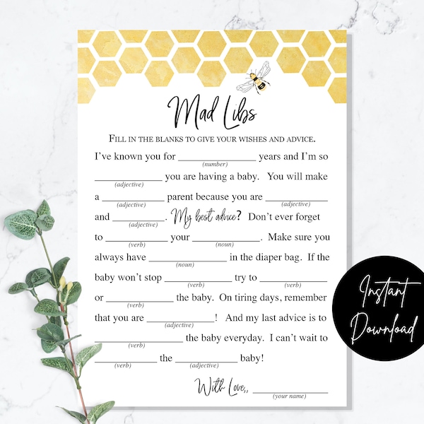 Bee Baby Madlibs Game - INSTANT DOWNLOAD - baby shower printable digital mama to bee yellow honeycomb