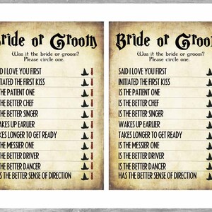 May include: A printable game for a wedding reception or bridal shower. The game is called "Bride or Groom?" and asks guests to guess who did certain things in the relationship. The game has a vintage aesthetic with a brown background and black text.
