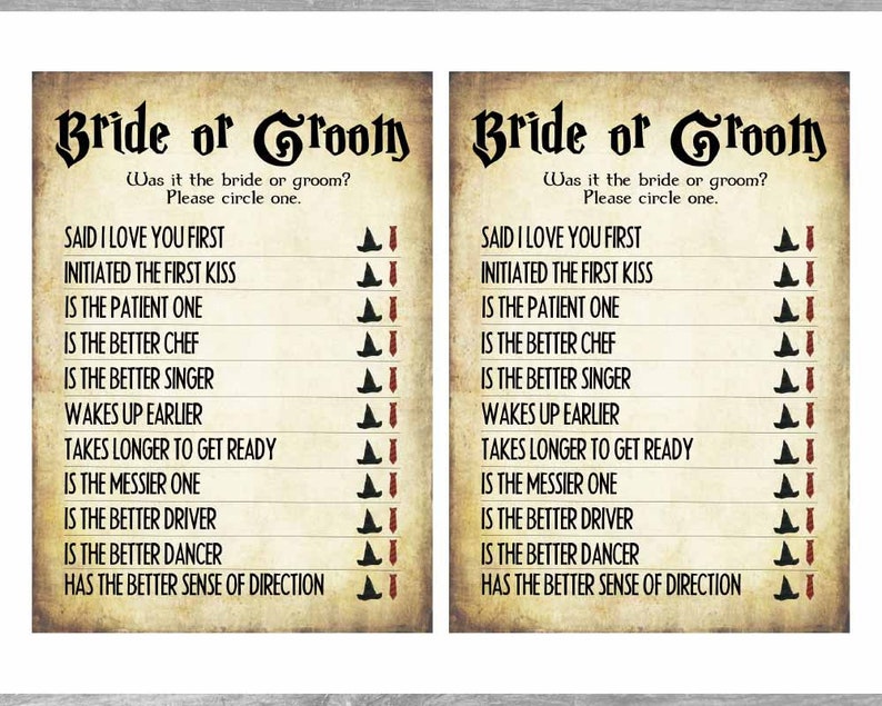 May include: A printable game for a wedding reception or bridal shower. The game is called "Bride or Groom?" and asks guests to guess who did certain things in the relationship. The game has a vintage aesthetic with a brown background and black text.