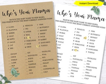 Who's Your Mama Game - INSTANT DOWNLOAD - printable digital baby shower game kraft minimalist name that animal mom